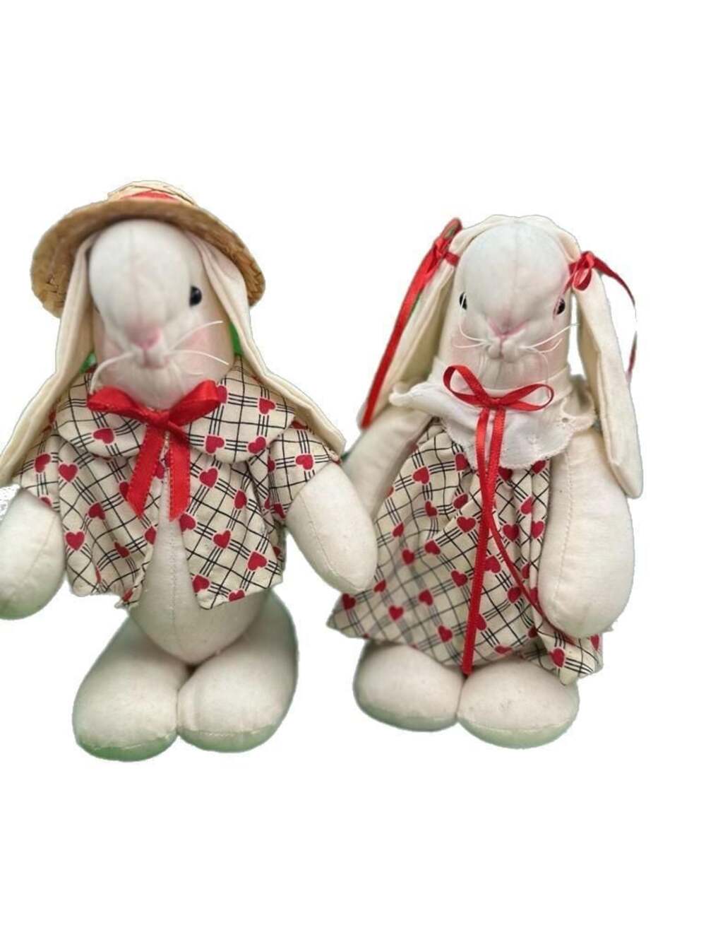 Vintage Pair of Handmade Muslin Bunny Rabbit Rag Dolls with Red Heart Outfits